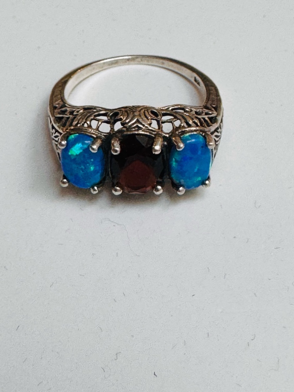 Sterling Silver Ring 3 Stones; 2 Blue Opal and Garnet Accent 925 Stamped